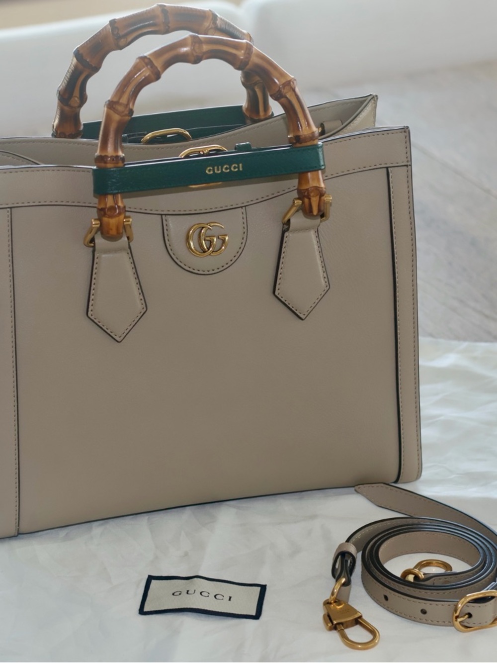 Gucci Beige Leather Satchel with Bamboo Handles and Green Accent